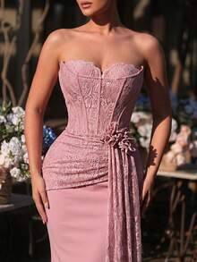 Glamrae 优雅莲花粉色新颖无肩带浪漫蕾丝拼接不对称罩杯透视前片鱼骨鱼尾开衩腰部浪漫3D立体花卉层叠连衣裙，适合约会、度假、单身派对、返校、婚礼、女士晚礼服等场合。 - 藕粉色 - 查看 2