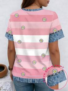 EMERY ROSE Tricou casual cu mânecă scurtă, model floral cu dungi, cu decolteu în V și imprimeu patchwork, mărime mare, primăvară-vară - Multicolor - Vizualizare 2