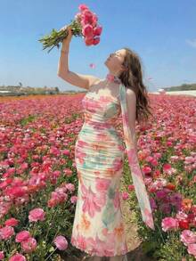 SHEIN MOD 大码夏季度假吊带围巾飘逸连衣裙，印花紧身连衣裙，沙滩派对装扮 - 彩色 - 查看 6