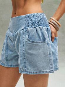 Bohemela 女士低腰复古松紧腰牛仔短裤 - 藍色 - 查看 6