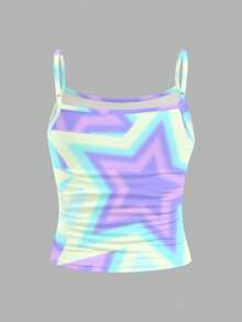 少女扎染休闲吊带背心，K-POP卡通女孩图案，运动肩带，适合春夏日常、海滩、户外休闲穿着 - 彩色 - 查看 2