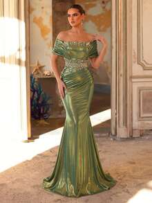 Glamrae Elegante y lujoso vestido de sirena con hombros descubiertos, fruncido y abertura, adornado con cuentas, apropiado para bodas, eventos, fiestas, vacaciones, galas y ocasiones formales - Verde - Ver 7
