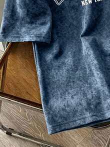 Manfinity Joysei Men's 60% Cotton Washed Blue Short Sleeve T-Shirt - Blue - View 3