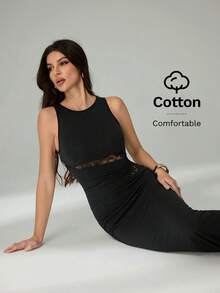 SHEIN Tall 女士黑色优雅蕾丝拼接真挚长裙，舒适弹力棉质面料，新年优雅女士派对礼服 - 黑色 - 查看 7