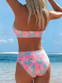 Swim Lushoire Women's Random Print Spaghetti Strap Bandeau Bikini Top And High Waist Bottoms Set, Summer - Multicolor - View 2