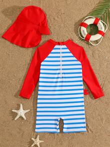 1pc Baby Boys' Swimwear,Red Crab & Ocean Animal Print One-Piece Rashguard Swimsuit + Hat,Blue White Stripe,Summer,Cute,Pool Party,Holiday Beachwear - Multicolor - View 2