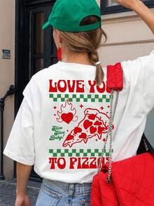 EMERY ROSE Front And Back Prints: "Love You To Pizzas" Pizza Heart. Casual Plus Size T-Shirt - White - View 3