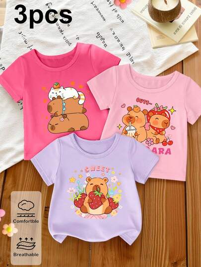 3pcs/Set Infant Girls' Casual Creative Cute Graphic Print Short Sleeve T-Shirts, Black/White/Pink, Comfortable Daily Wear For Spring, Summer & Autumn