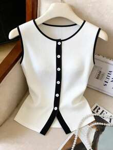 Elenzga Women's Round Neck Single-Breasted Casual Versatile Daily Wear Top - Black and White - View 4