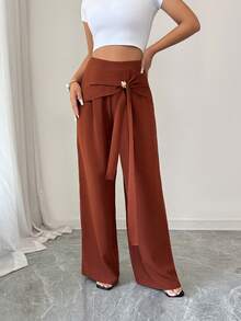 SHEIN Elenzya 优雅日常交叉金属装饰阔腿女士西装裤 - 棕色 - 查看 3