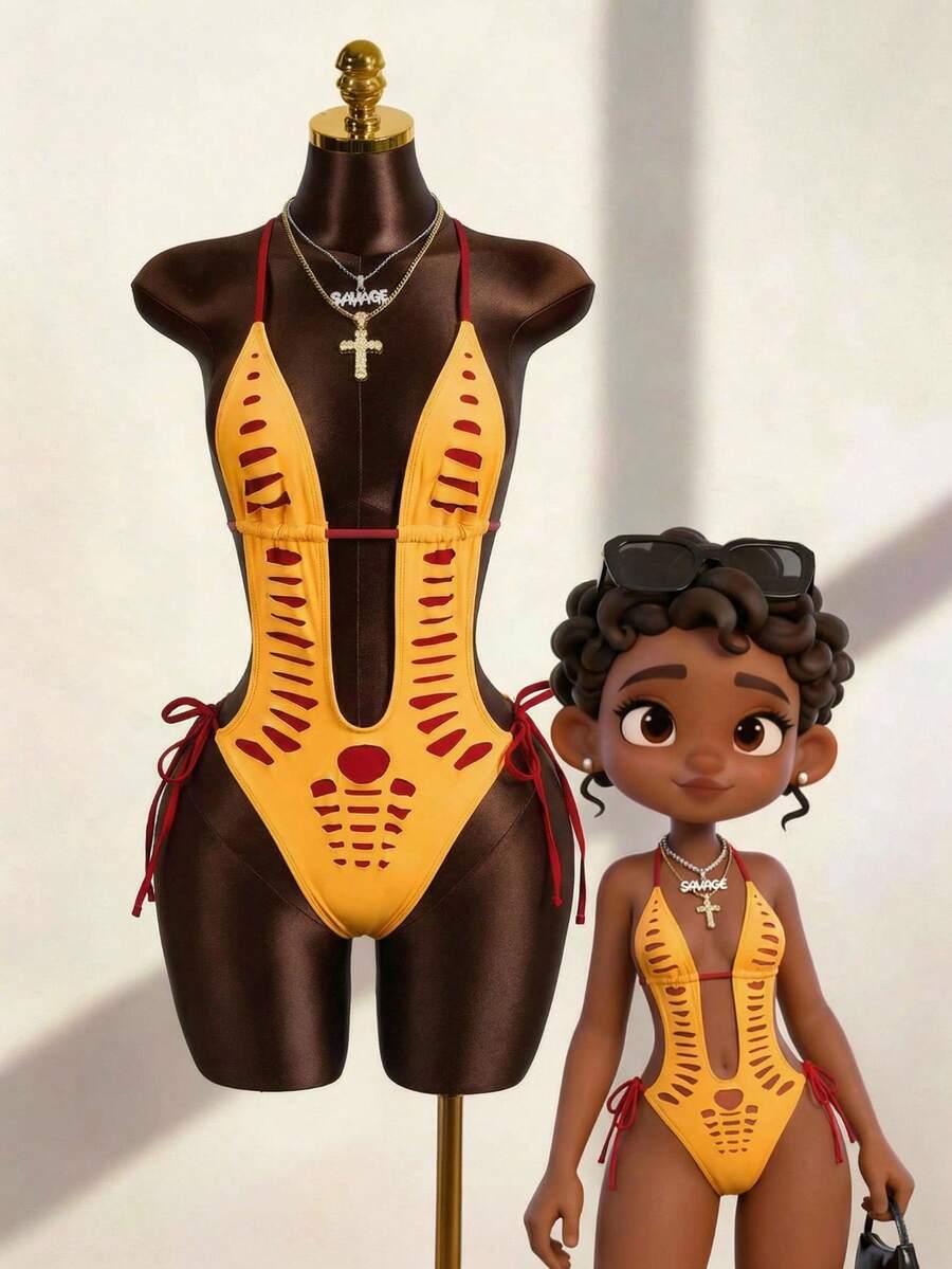 Zestiva 女士性感霓虹色镂空破洞设计连体泳衣，波西米亚海滩度假派对 - 彩色 - 查看 1