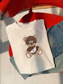 Camiseta corta casual de mujer con estampado de oso de dibujos animados - Blanco - Ver 3