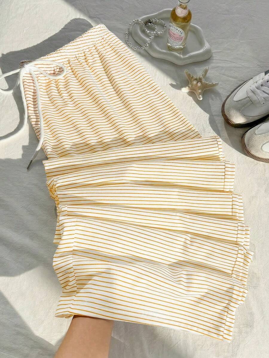 Comfortcana Quần ống rộng dáng suông kẻ sọc vàng trắng, có dây rút, phù hợp cho mùa thu/đông. - Màu vàng - Xem 1