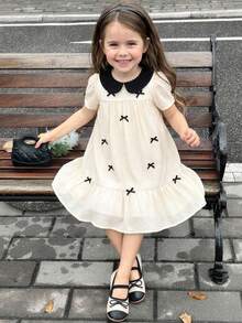 SHEIN Đầm dệt kim cổ Peter Pan phối màu tương phản dành cho bé gái, kiểu dáng thường ngày. - Màu be - Xem 4