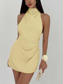Aloruh Vestido mini plisado con espalda descubierta y lazo elegante y minimalista para mujeres - amarillo ganso - Ver 3