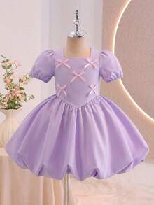 Glamorique Kids 1件装女童方领短泡泡袖蝴蝶结装饰粉色可爱优雅休闲连衣裙，适合日常外出、旅行、聚会、夏季穿着，面料柔软舒适，2026春夏新款 - 淡紫色 - 查看 3