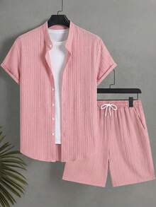 Surfspeed Front Button Short Sleeve Casual Summer Shirt And Shorts Set - Pink - View 2