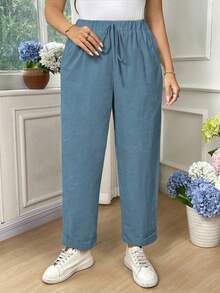 EMERY ROSE Plus Size Women Cotton Fold-Over Waist Tie Casual Pants Fall - Dark Wash - View 5