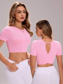 Sovereign Charm Women's Solid Color Cutout Back Cropped Sports Short Sleeve T-Shirt Pink Gym Top Pink Crop Top Light Pink Crop Glowmode Pink Top Tops For Women Summer Cute Active Wear Tops Gym Clothes Women Top Workout Tops Women Women's Tops For Summer - Pink - View 2