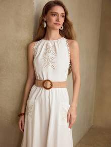 MOTF PREMIUM Đầm dài không tay bằng cotton, kiểu dáng thời trang, tinh tế, thêu ren, viền ren dành cho nữ. - trắng - Xem 6