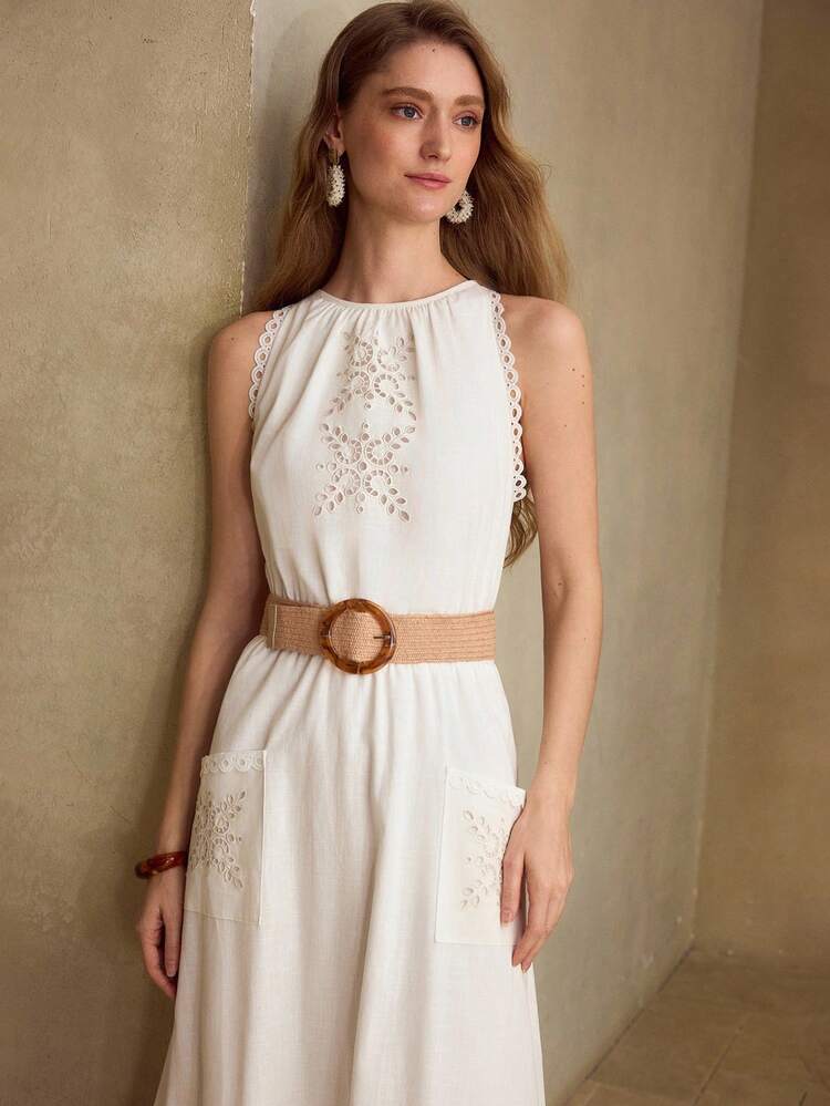 COTTON FASHIONABLE DELICATE HOLLOW EMBROIDERED LACE TRIM SLEEVELESS LONG DRESS FOR WOMEN