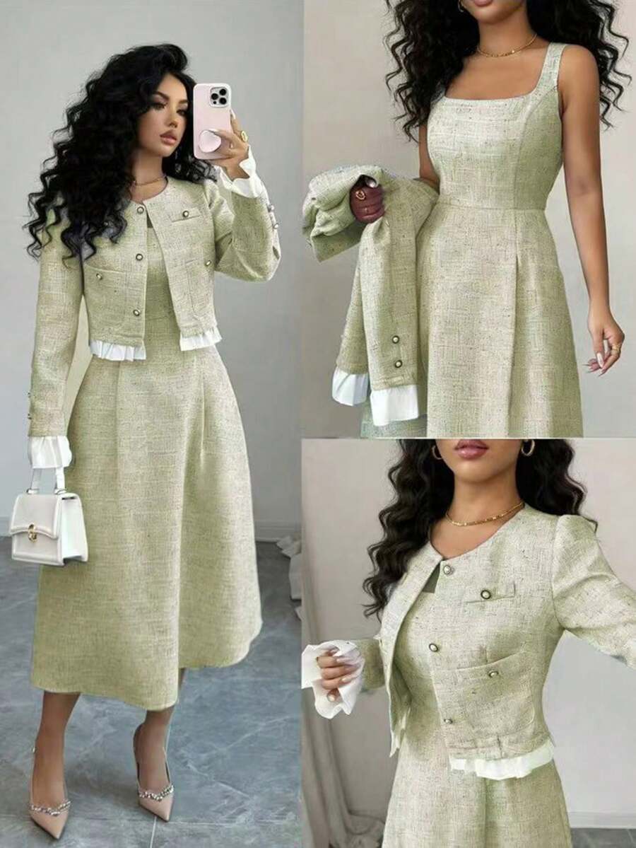 Elenzga Vestido sin mangas con parches de color azul y blanco con bolsillos con botones, conjunto elegante y casual para mujeres - Verde Pastel - Ver 1