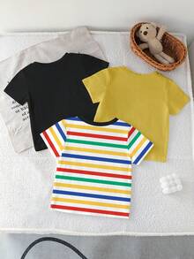 3 áo thun cổ tròn in hình sọc và hiệp sĩ cho bé trai, phong cách thể thao năng động, thích hợp cho mùa xuân, hè, thu, trang phục cơ bản đơn giản mặc hàng ngày, thoải mái khi đi học hàng ngày. - màu đen - Xem 2