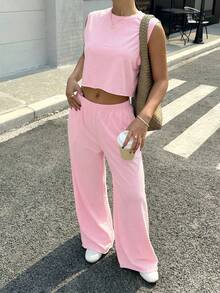 Muchica Bộ 2 món áo và quần dài cổ tròn dáng rộng màu trơn cho nữ, màu hồng. - Hồng - Xem 5