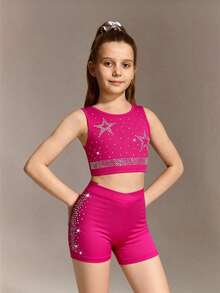2pcs/Set Tween Girls' Round Neck Cropped Tank Top With Rhinestone Decor On Front, And Elastic Waist Rhinestone Decorated Sports Shorts, Stretchy And Soft For Running, Cycling, Workout, Casual Wear - Hot Pink - View 4