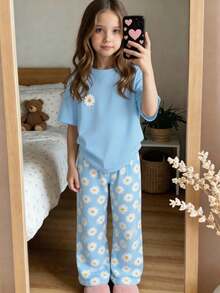 SHEIN Young Girl Daisy Print Short Sleeve T-Shirt And Pants Loungewear Set - Blue - View 4