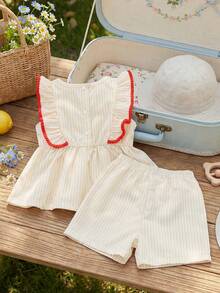 Souflis Souflis Novo Verão Francês Menina Bebê Pêssego Pálido Listrado Design Bordado de Cereja Adorável Babado Recorte Contraste Cor Recorte Combinando Shorts Listrados Macio Adequado para Escola, Brincadeira, Compras e Outras Ocasiões - Damasco - Visão 4