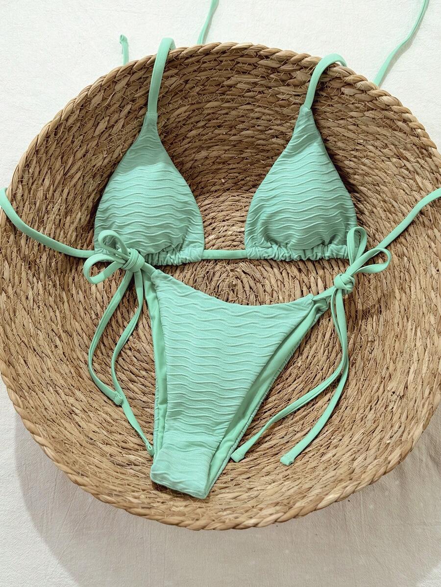 Swim Mod Bộ bikini 2 mảnh màu xanh trắng sọc nhăn mới, dây mảnh, kiểu xoắn bên hông, cạp cao, dành cho nữ, thích hợp đi biển và nghỉ dưỡng. - Màu xanh bạc hà - Xem 1