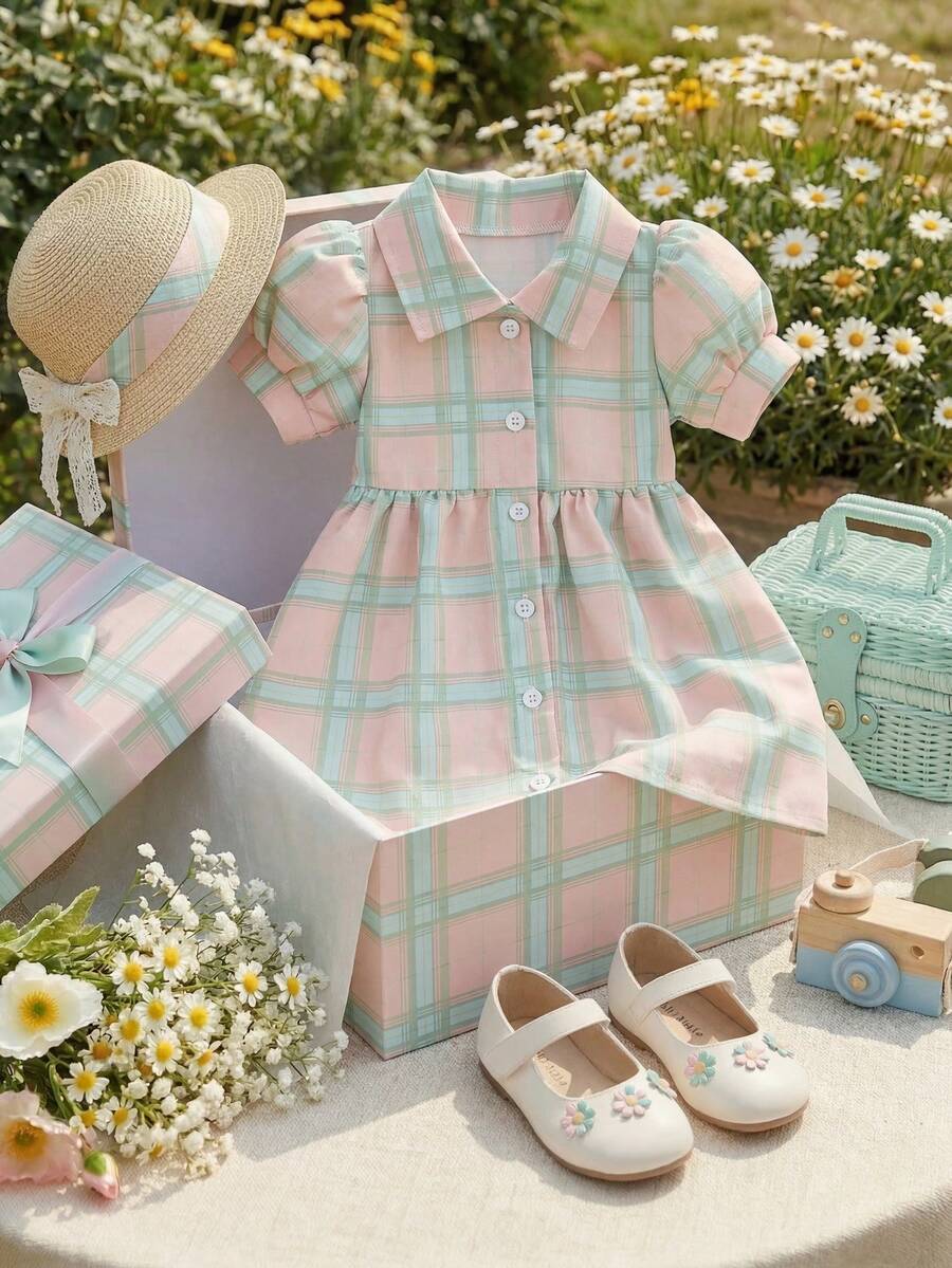 Souflis Souflis Vestido camisa de estilo francés con mangas de pétalos a cuadros, nuevo y casual para niña. Adecuado para salidas de primavera/verano y uso diario, escuela - Multicolor - Ver 1