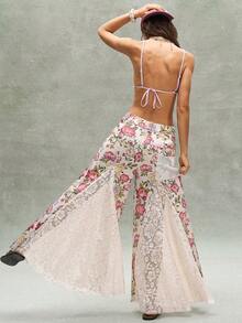 Bohemela BOHO Countryside Vacation Casual Pink Ditsy Floral Contrast Lace Loose Wide Leg Low Waist Women Pants - Khaki - View 8