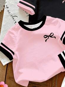 3pcs/Set Young Girls' Pink Summer Back-To-School Fashion SS26 Casual Comfortable Colorblock Striped Bow Print Short Sleeve Round Neck T-Shirt - Multicolor - View 3
