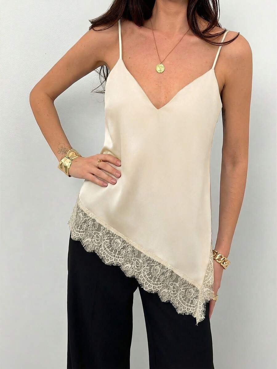 Aloruh Women's Lace Patchwork Asymmetrical Hem Ruched Camisole Top, Versatile For Daily Wear - Beige - View 1