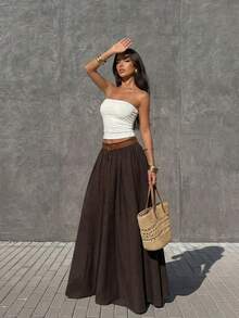 Firerie 女士收腰长裙，休闲度假亚麻质感半身裙，松紧腰设计，春夏百搭，优雅百搭，适合通勤、约会、工作、返校、波西米亚风、度假、海滩、舒适日常穿着，休闲百搭，也适合音乐节等场合。 - 咖啡棕 - 查看 3