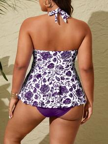 Swim Lushoire Plus Size 2pcs Multicolor Printed Spaghetti Strap Backless Bikini Set - Purple - View 2