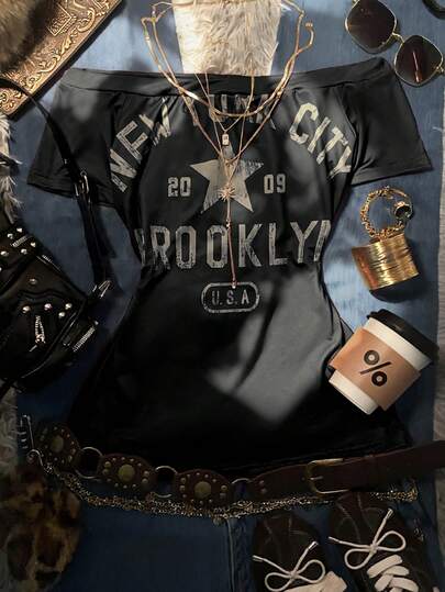 Glimmora Camiseta de manga corta ajustada con hombros descubiertos, estilo casual y retro, impresa con "NEW YORK", adecuada para uso diario, ir al trabajo, fiestas, reuniones y ocasiones de vuelta al colegio.
