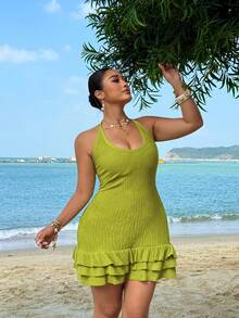 Sunnyshic Große Größen Neckholder Rüschen Saum Retro Amerikanischer Stil Bodycon Kleid - Grün - Übersicht 4