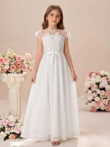 Pitira 少女白色纯色网纱刺绣透视拼接腰部连衣裙，白色公主裙，适合花童、婚礼季、情人节、派对、生日、春节等场合 - 白色 - 查看 1