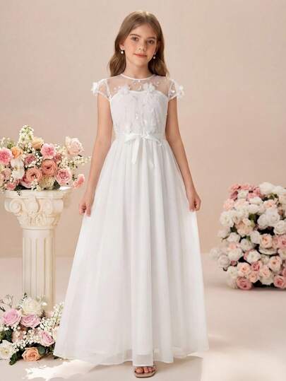 Pitira 少女白色纯色网纱刺绣透视拼接腰部连衣裙，白色公主裙，适合花童、婚礼季、情人节、派对、生日、春节等场合