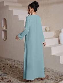 SHEIN Najma Damen eleganter, bunter, bestickter Quasten-Dekor, locker sitzender, bequemer Lässig Bademantel - Lichtblau - Übersicht 2