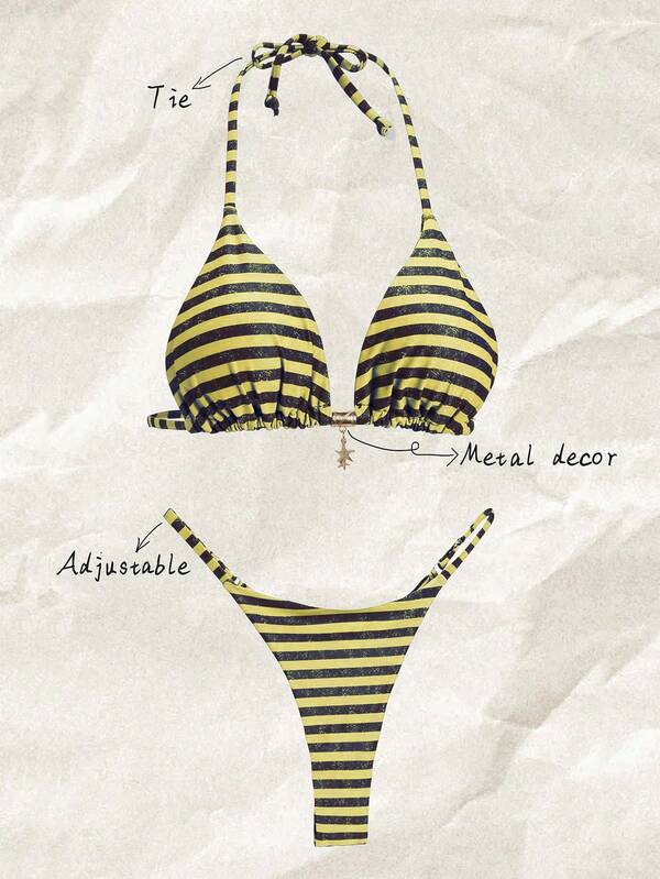 Elavelle Conjunto de bikini de mujer de unicolor con tirantes finos y sexy para vacaciones de primavera