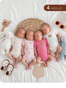 4件套新生女宝宝夏季可爱针织卡通兔子和碎花连体衣套装 - 彩色 - 查看 7