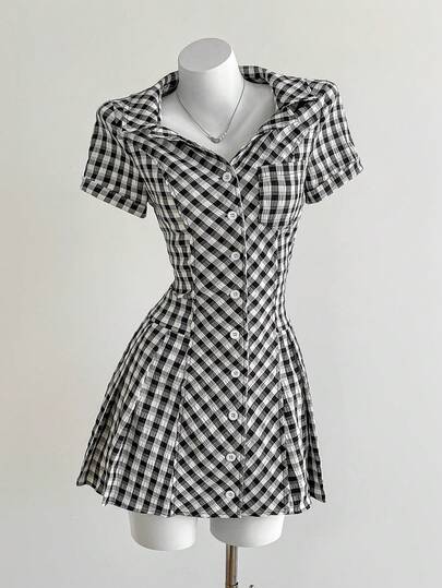Elamini Plaid Front Button Fitted Stylish Summer Mini Dress