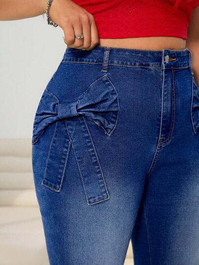 Solflare Plus Size Women Casual Everyday Commute Bow Decor Washed Flare Leg Jeans