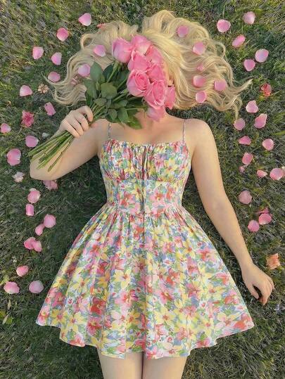 SHEIN MOD 加大码全印花系带吊带连衣裙，夏季沙滩连衣裙，度假装，波西米亚风，束身连衣裙