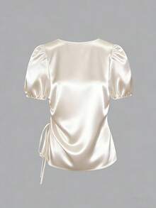 SHEIN LUNE Beige,Summer,Elegant,Tea Party French Fashion Satin V-Neck Drawstring Pleated Fitted Puff Sleeve Casual Blouse For Women,Exquisite Design Top - Apricot - View 5