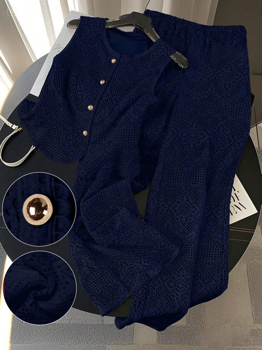 SHEIN Clasi 大码女士休闲优雅蕾丝两件套 - 藏蓝色 - 查看 1